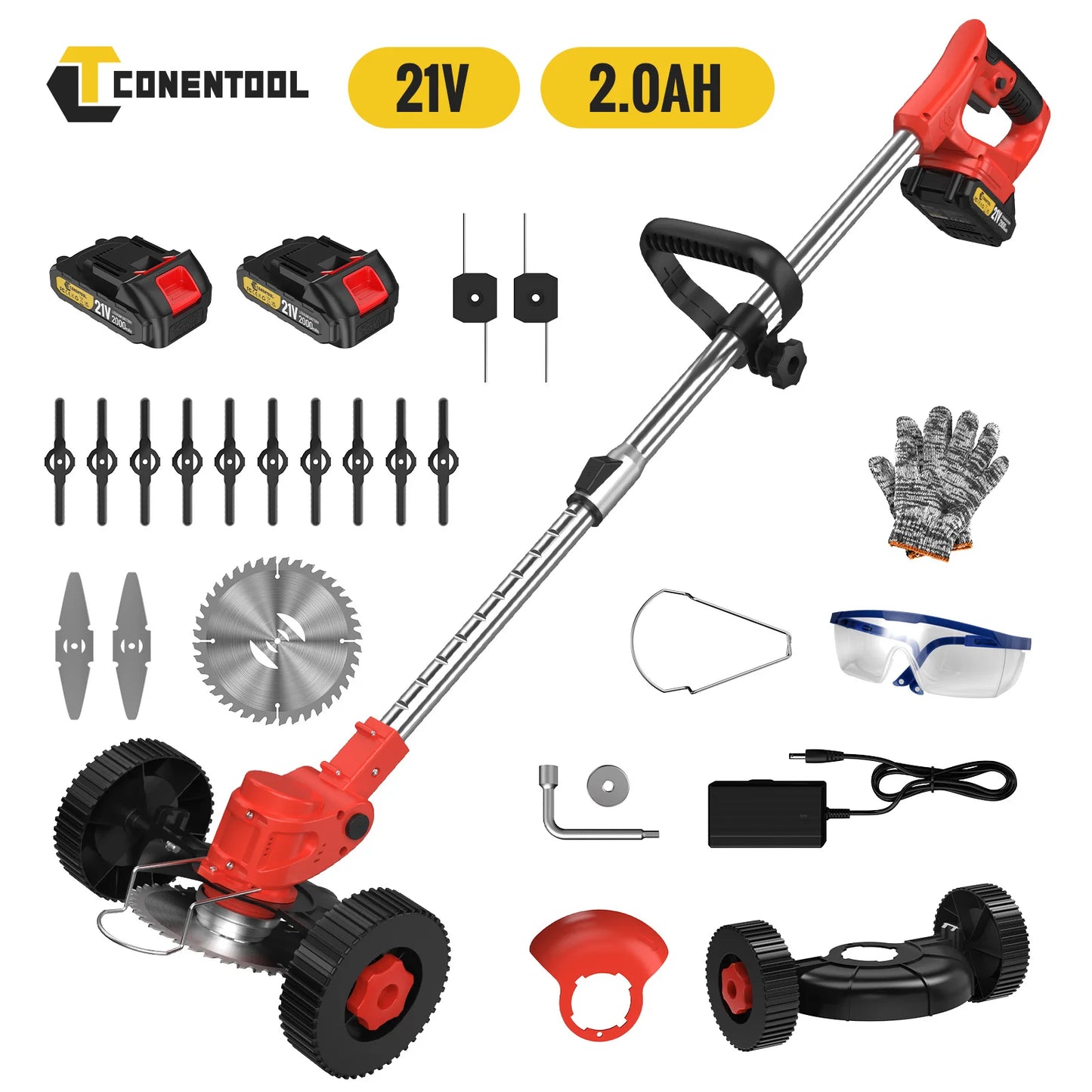 Conentool 24V Cordless Strimmer - Lawn Mower Garden Strimmers with 2 * 2000mAh Batteries and 15 Blades, Grass Trimmers