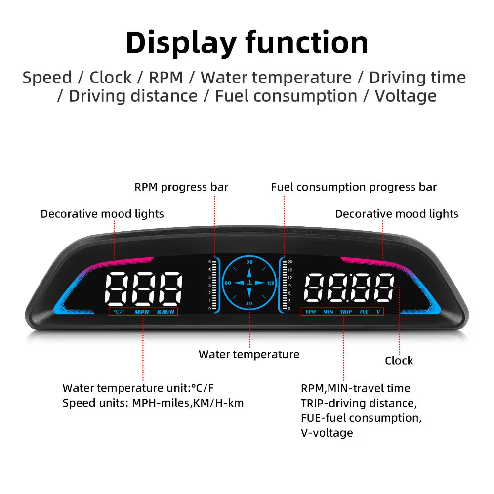 B3 G3 OBD/GPS HUD Display G19 Digital Speedometer with Alarm Function Speed Clock RPM Voltage Water Temperature Head up Display