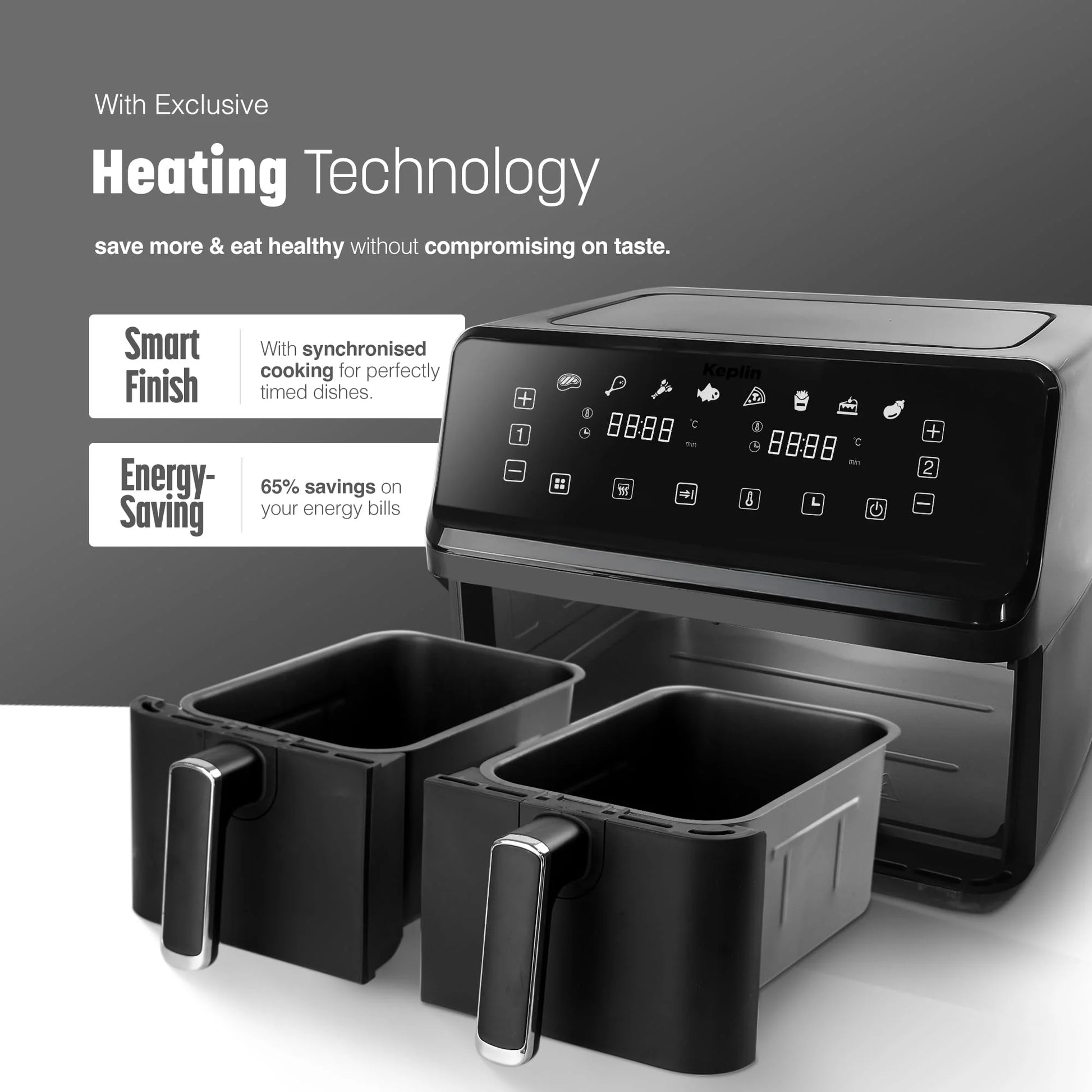 Essen by Keplin 9L Dual Zone Air Fryer - 2700W Energy-Saving Cooker with 6 Cooking Functions - Extra-Large Capacity for Healthy Meals - Roast, Bake, Dehydrate, Crisp - Family Size (9L)