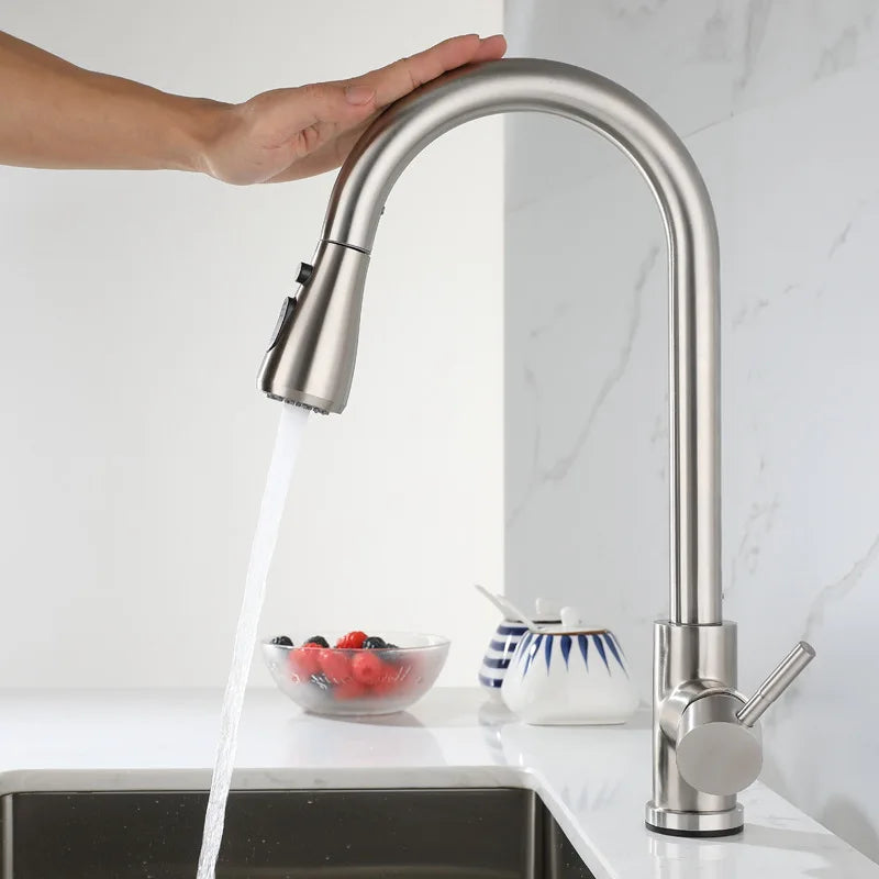 Contemporary Brushed Gold Kitchen Faucet With Smart Sensor Touch and Single Handle Mixer Design