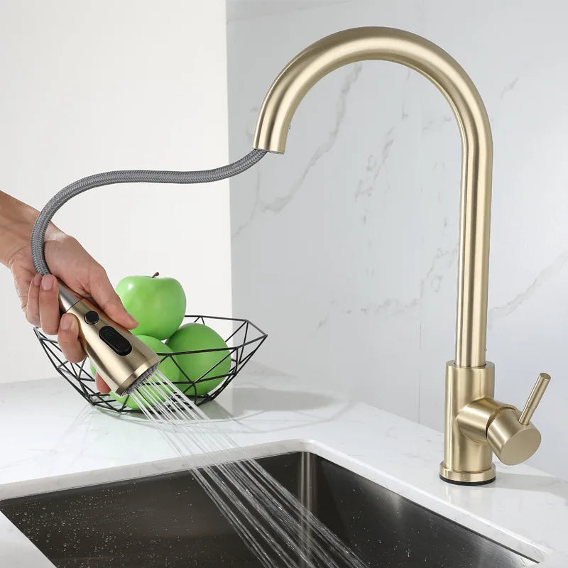 Contemporary Brushed Gold Kitchen Faucet With Smart Sensor Touch and Single Handle Mixer Design