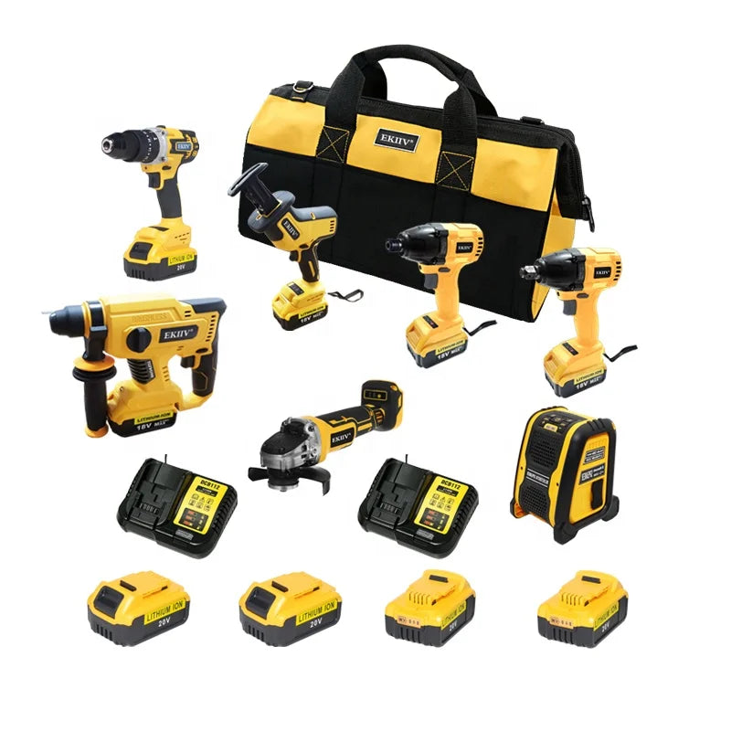 EKIIV Power Tools DW2107 Seven in One Electric 4.0ah 21v Combo Kit Set Cordless Brushless Impact Drill Wrench Angle Grinder