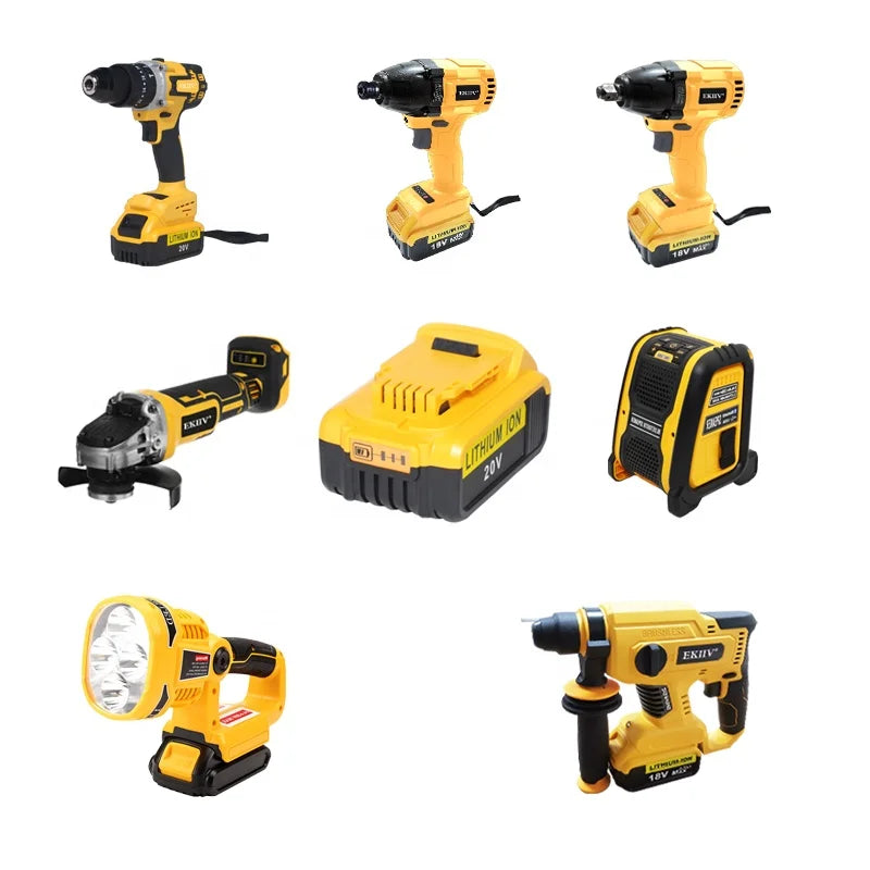 EKIIV Power Tools DW2107 Seven in One Electric 4.0ah 21v Combo Kit Set Cordless Brushless Impact Drill Wrench Angle Grinder