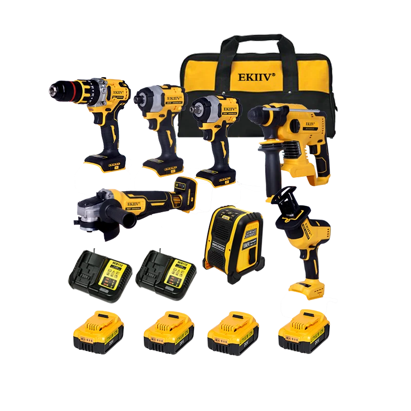 EKIIV Power Tools DW2107 Seven in One Electric 4.0ah 21v Combo Kit Set Cordless Brushless Impact Drill Wrench Angle Grinder