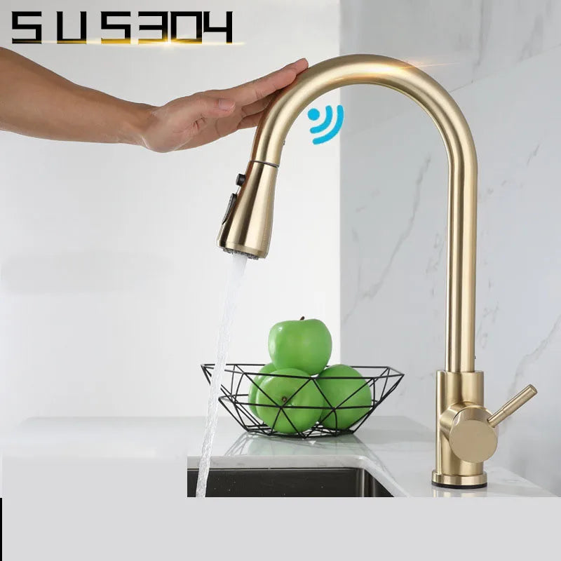 Contemporary Brushed Gold Kitchen Faucet With Smart Sensor Touch and Single Handle Mixer Design