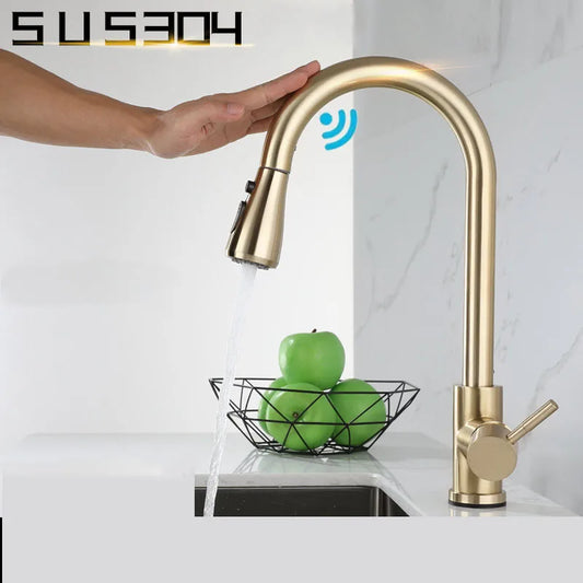 Contemporary Brushed Gold Kitchen Faucet With Smart Sensor Touch and Single Handle Mixer Design