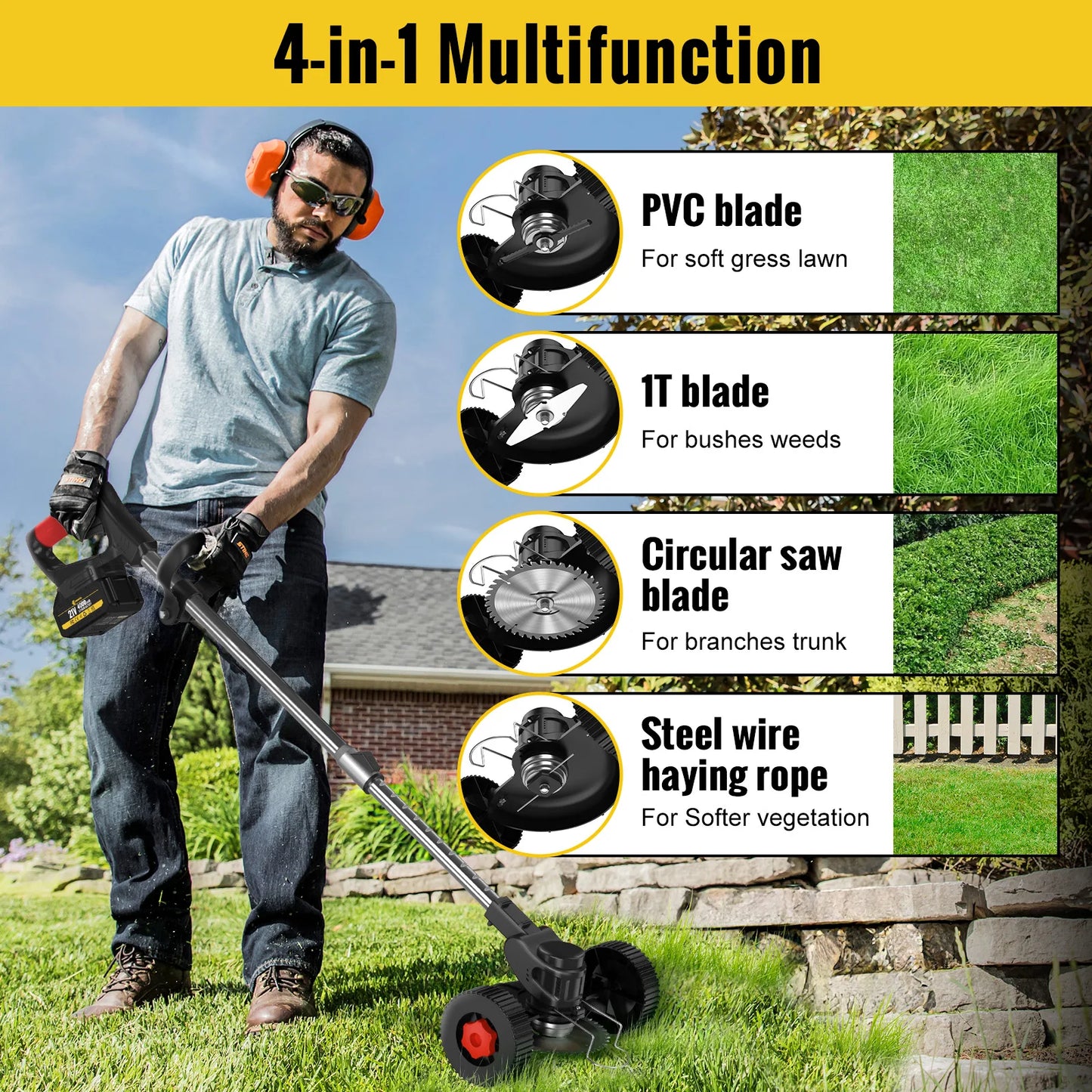 Conentool 24V Cordless Strimmer - Lawn Mower Garden Strimmers with 2 * 2000mAh Batteries and 15 Blades, Grass Trimmers