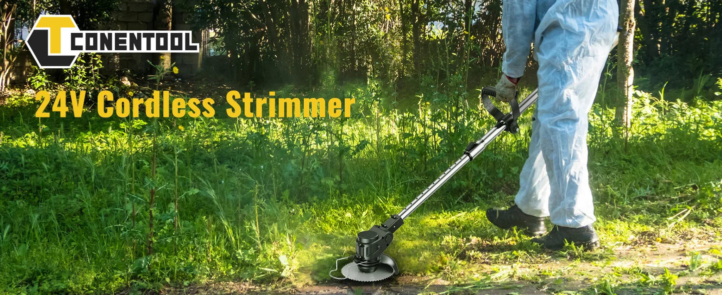 Conentool 24V Cordless Strimmer - Lawn Mower Garden Strimmers with 2 * 2000mAh Batteries and 15 Blades, Grass Trimmers