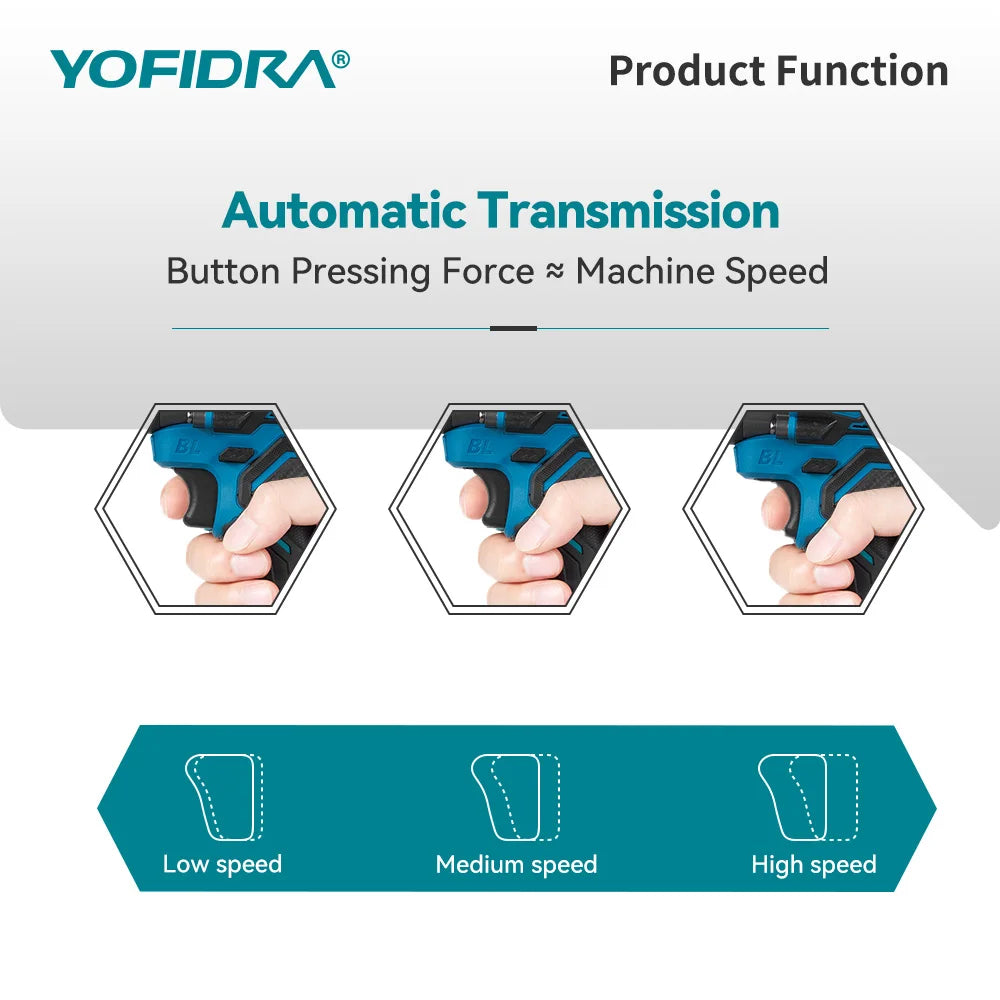 YOFIDRA 900N.m 20+3 Torque Brushless Electric Impact Drill 13MM Cordless Screwdriver Drilling Power Tool For Makita Battery Pin