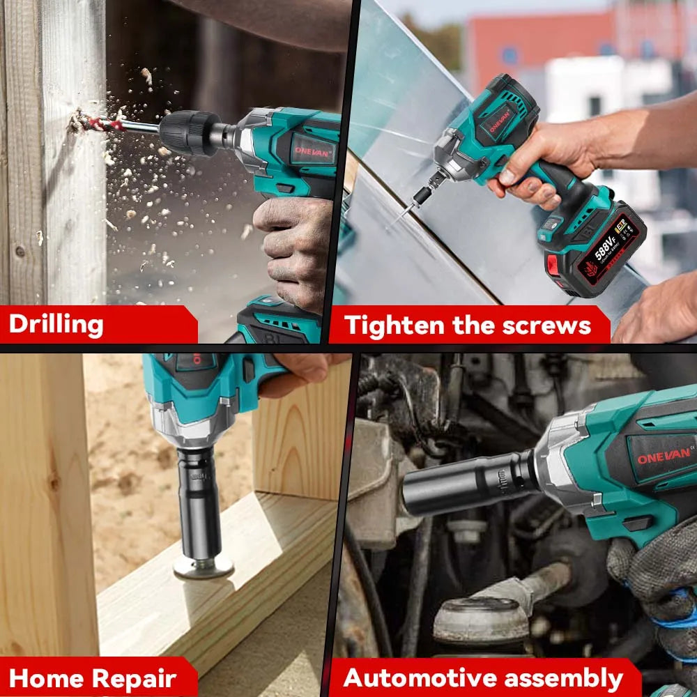 ONEVAN 1200N.M Brushless Electric Impact Wrench 3 Funtion 1/2" Cordless Portable Screwdriver Drill Tools For Makita Battery Pin