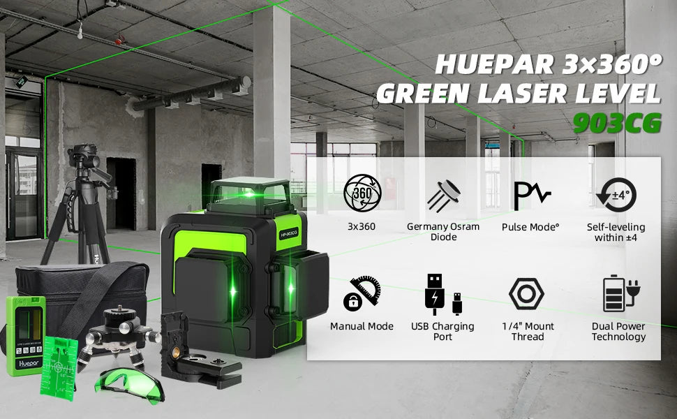 Huepar 903CG Set 12 3D Cross Lines Laser Level Osram Green Laser Beam Self-Leveling 360 Vertical Horizontal with Receiver Tripod