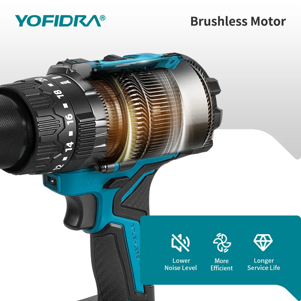 YOFIDRA 900N.m 20+3 Torque Brushless Electric Impact Drill 13MM Cordless Screwdriver Drilling Power Tool For Makita Battery Pin