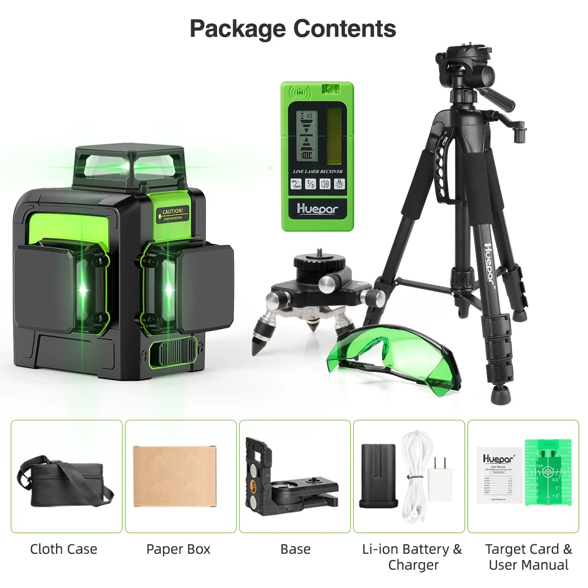 Huepar 903CG Set 12 3D Cross Lines Laser Level Osram Green Laser Beam Self-Leveling 360 Vertical Horizontal with Receiver Tripod