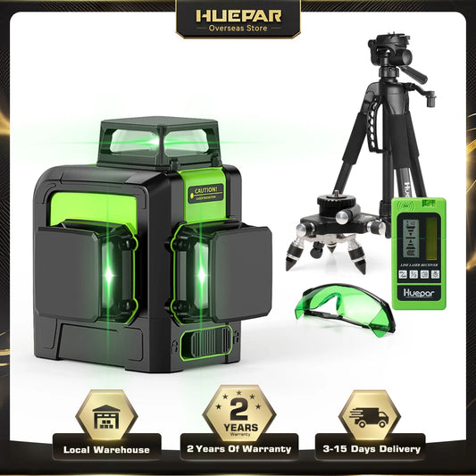 Huepar 903CG Set 12 3D Cross Lines Laser Level Osram Green Laser Beam Self-Leveling 360 Vertical Horizontal with Receiver Tripod
