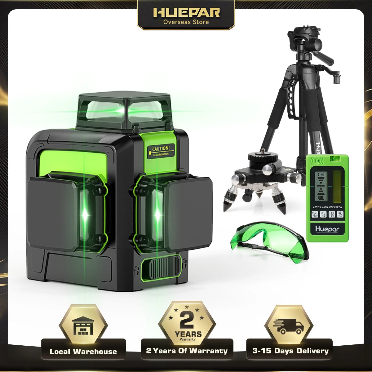 Huepar 903CG Set 12 3D Cross Lines Laser Level Osram Green Laser Beam Self-Leveling 360 Vertical Horizontal with Receiver Tripod