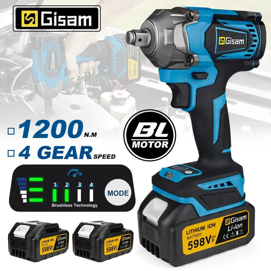 Gisam 1200N.M Torque Brushless Electric Impact Wrench 1/2 inch Cordless Wrench Screwdriver Power Tool for Makita 18V Battery Pin