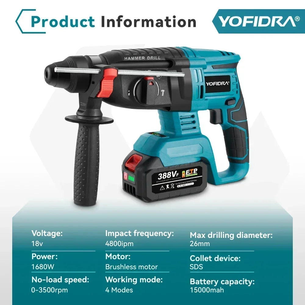 YOFIDRA 26MM Brushless Electric Hammer Drill Multifunctional Rotary Cordless Rechargeable Power Tools For Makita Battery Pin