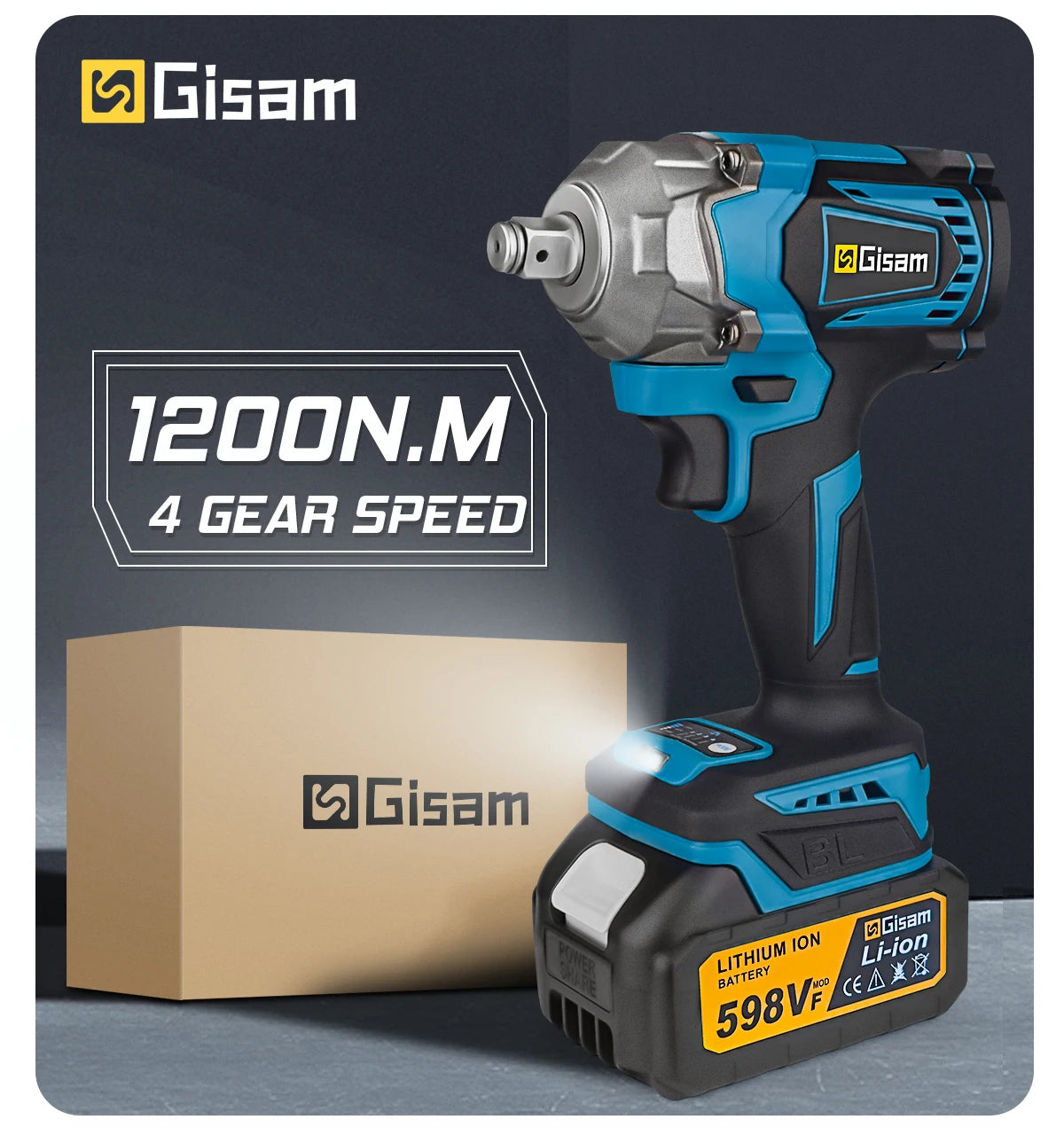 Gisam 1200N.M Torque Brushless Electric Impact Wrench 1/2 inch Cordless Wrench Screwdriver Power Tool for Makita 18V Battery Pin