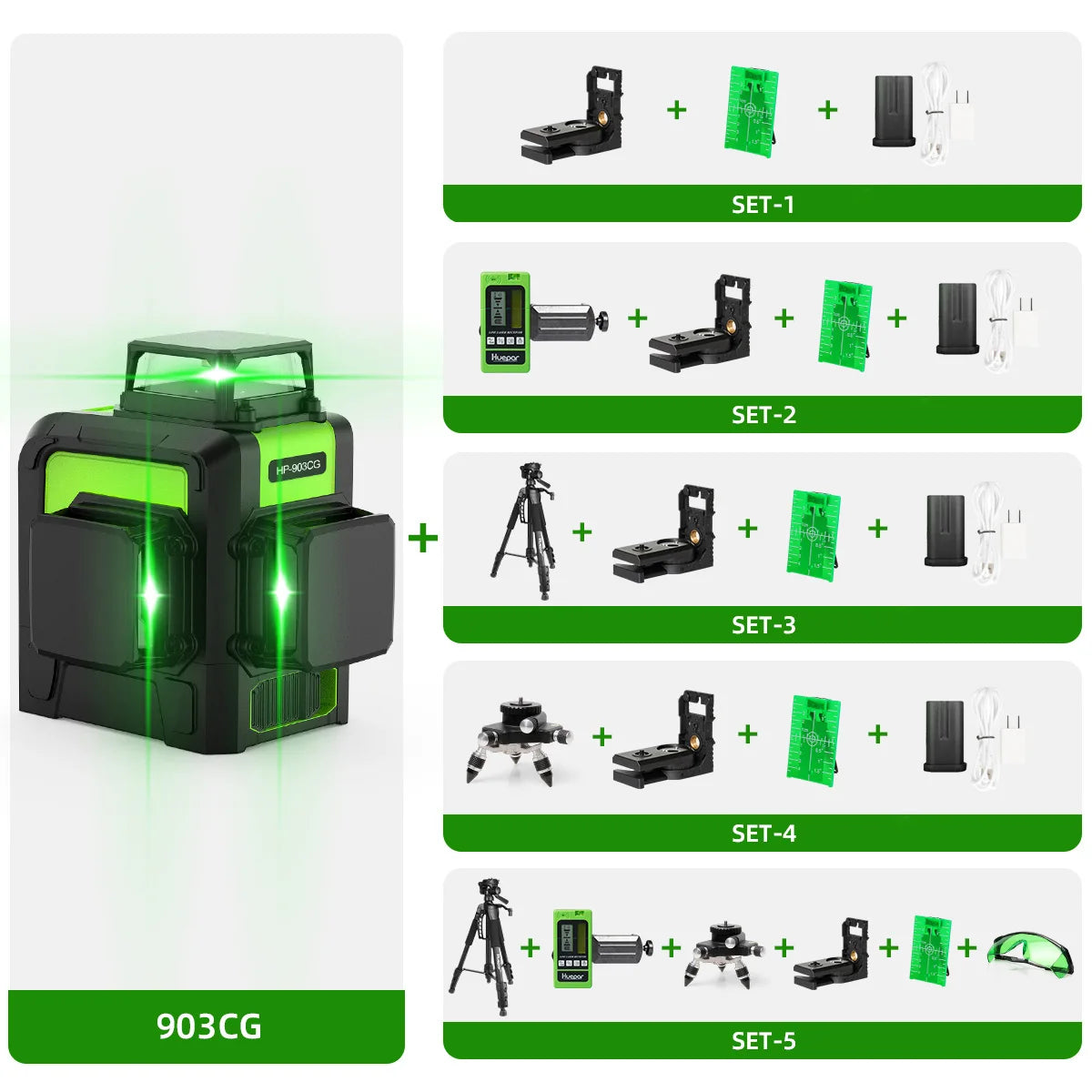Huepar 903CG Set 12 3D Cross Lines Laser Level Osram Green Laser Beam Self-Leveling 360 Vertical Horizontal with Receiver Tripod