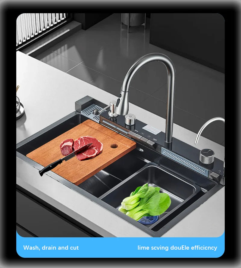 304 Stainless Steel Waterfall Kitchen Sink Large Single Slot Integrated Digital Display Faucet Set Soap Dispenser Cup Washer