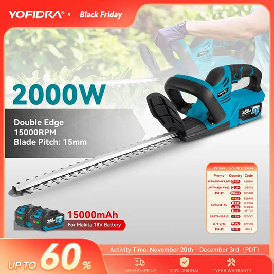 YOFIDRA 2000W Electric Hedge Trimmer Lawn Mower Cordless Household Garden  Shrub Weeding Pruning Tools For Makita Battery Pin