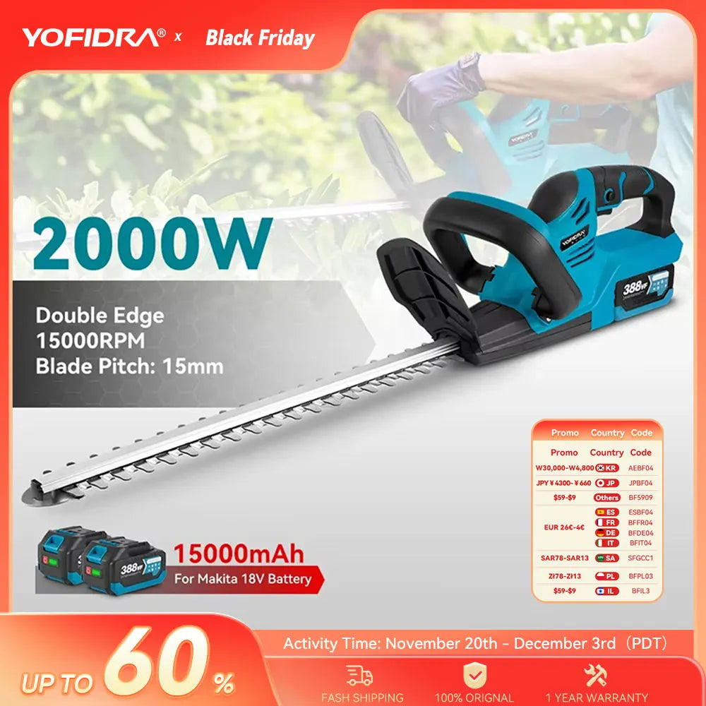 YOFIDRA 2000W Electric Hedge Trimmer Lawn Mower Cordless Household Garden  Shrub Weeding Pruning Tools For Makita Battery Pin