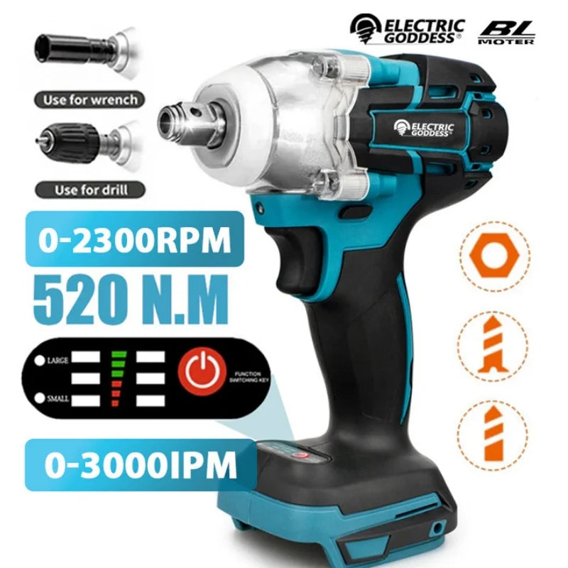 TW285 520N.m Brushless Electric Impact Wrench 1/2 Inch Cordless Wrench Car Repair Socket Power Tool for Makita 18V Battery Pin