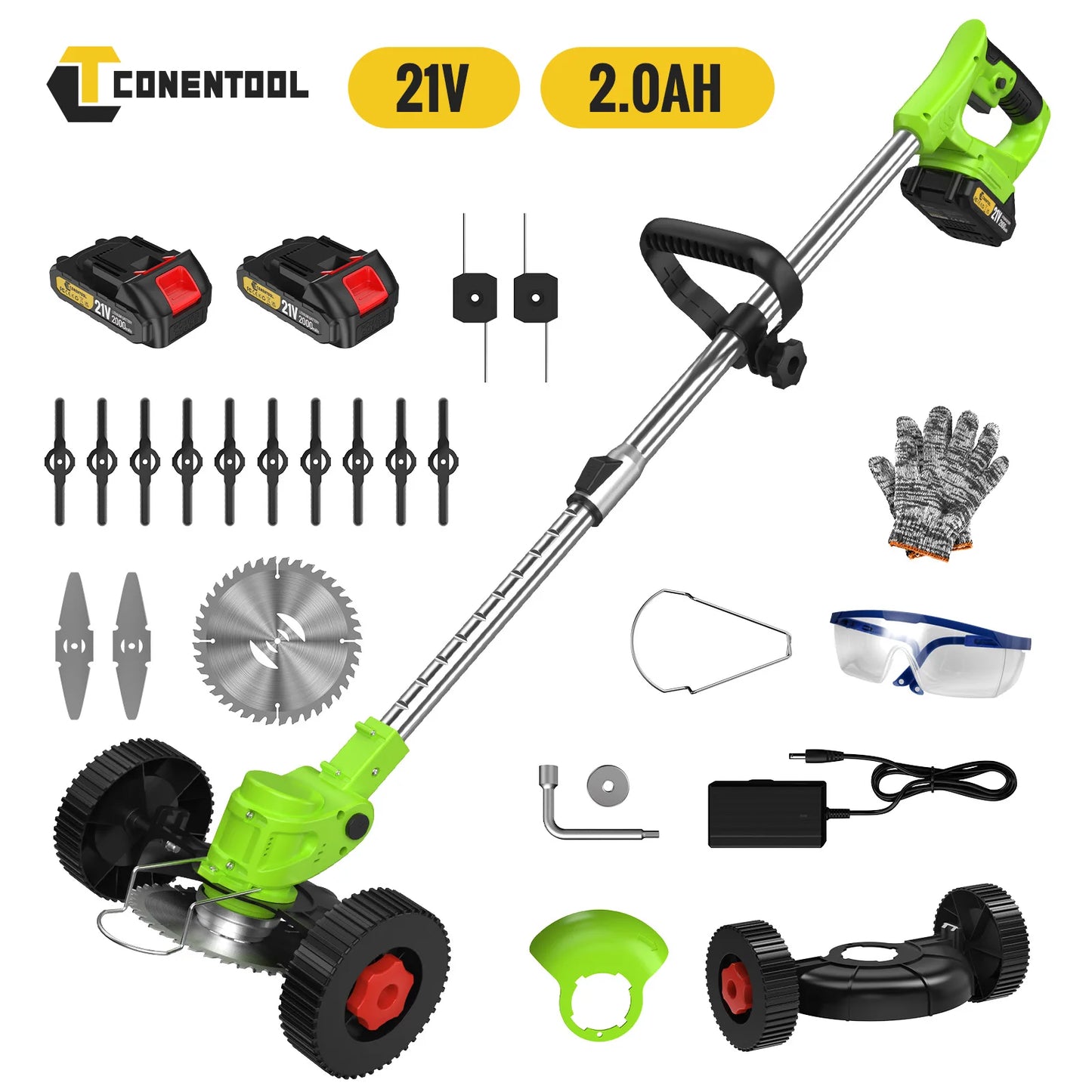 Conentool 24V Cordless Strimmer - Lawn Mower Garden Strimmers with 2 * 2000mAh Batteries and 15 Blades, Grass Trimmers