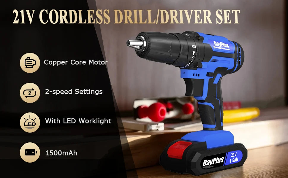 21V Cordless Drill,Electric Screwdriver Tools Kit with 25+1 Torque Setting,2 Variable Speed,29PCS Accessories,LED Work Light