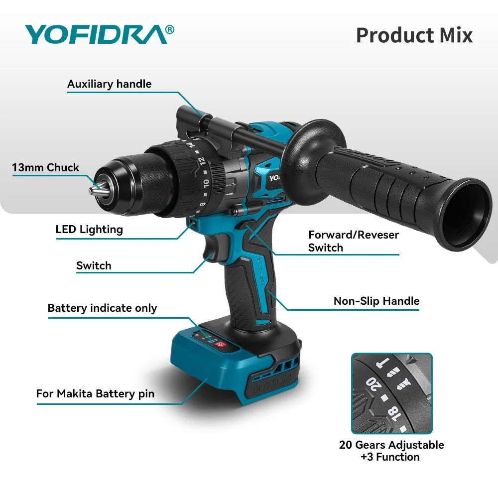 YOFIDRA 900N.m 20+3 Torque Brushless Electric Impact Drill 13MM Cordless Screwdriver Drilling Power Tool For Makita Battery Pin