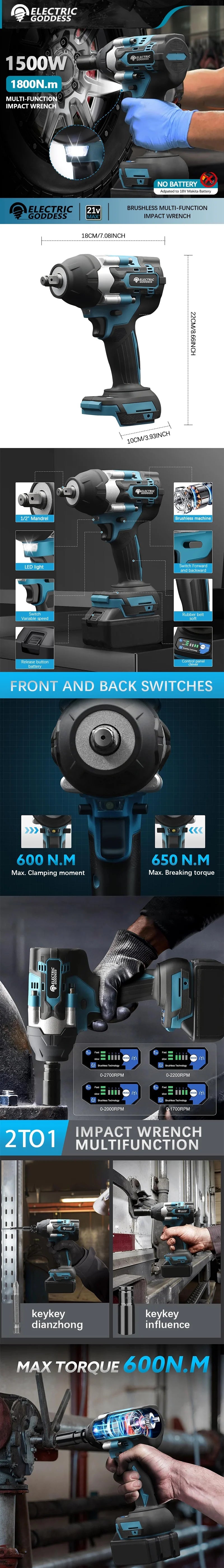 1800NM Cordless Electric Impact Wrench Compact Model Brushless Motor Lithium Electric Drive For 21V Makita Battery Pin