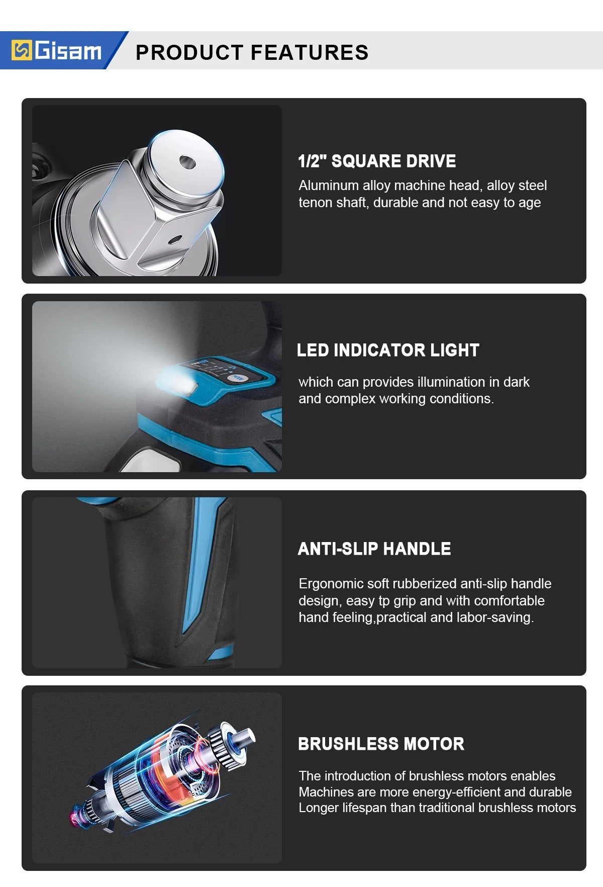 Gisam 1200N.M Torque Brushless Electric Impact Wrench 1/2 inch Cordless Wrench Screwdriver Power Tool for Makita 18V Battery Pin