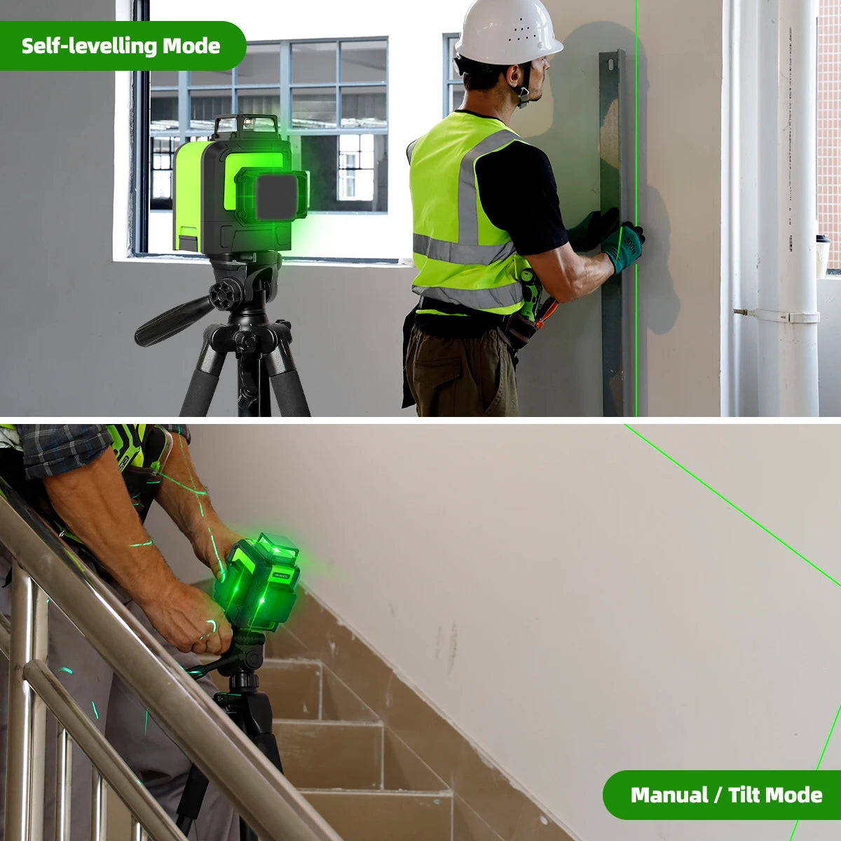 Huepar 903CG Set 12 3D Cross Lines Laser Level Osram Green Laser Beam Self-Leveling 360 Vertical Horizontal with Receiver Tripod