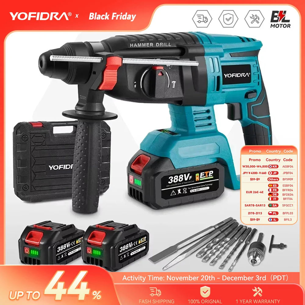 YOFIDRA 26MM Brushless Electric Hammer Drill Multifunctional Rotary Cordless Rechargeable Power Tools For Makita Battery Pin