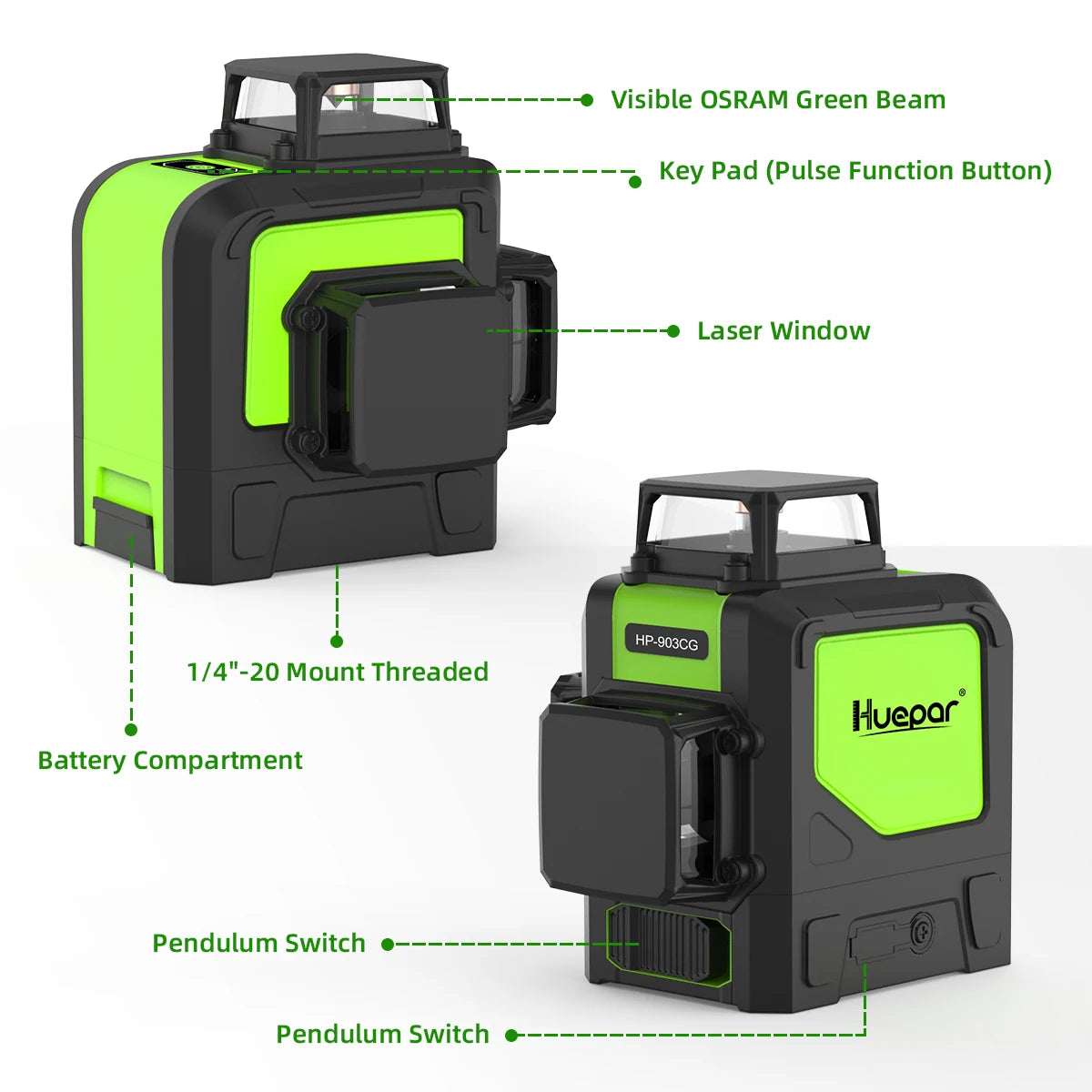 Huepar 903CG Set 12 3D Cross Lines Laser Level Osram Green Laser Beam Self-Leveling 360 Vertical Horizontal with Receiver Tripod