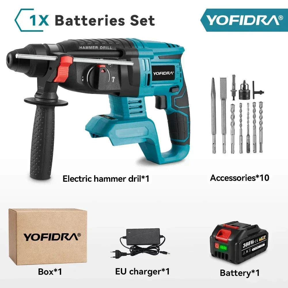 YOFIDRA 26MM Brushless Electric Hammer Drill Multifunctional Rotary Cordless Rechargeable Power Tools For Makita Battery Pin