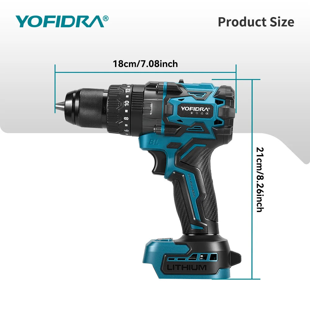 YOFIDRA 900N.m 20+3 Torque Brushless Electric Impact Drill 13MM Cordless Screwdriver Drilling Power Tool For Makita Battery Pin
