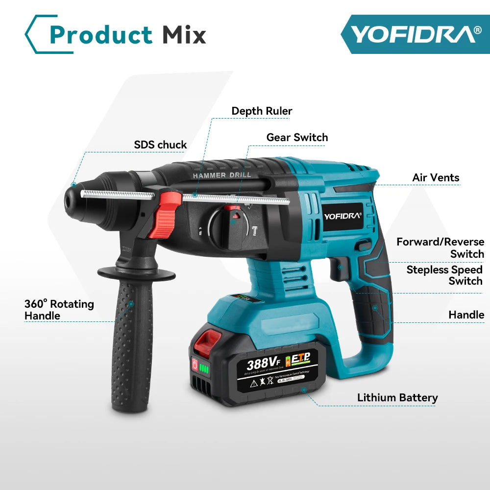 YOFIDRA 26MM Brushless Electric Hammer Drill Multifunctional Rotary Cordless Rechargeable Power Tools For Makita Battery Pin