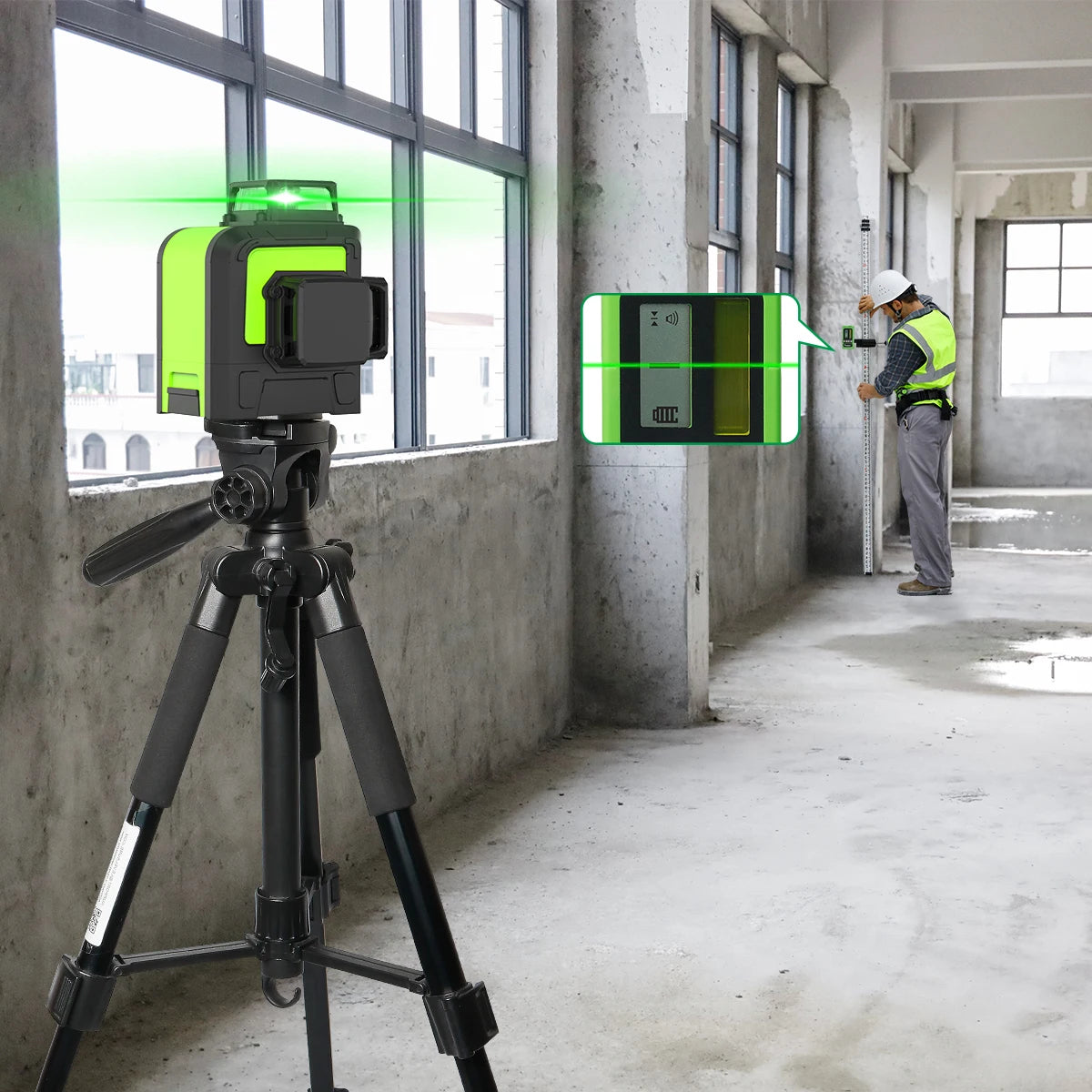 Huepar 903CG Set 12 3D Cross Lines Laser Level Osram Green Laser Beam Self-Leveling 360 Vertical Horizontal with Receiver Tripod