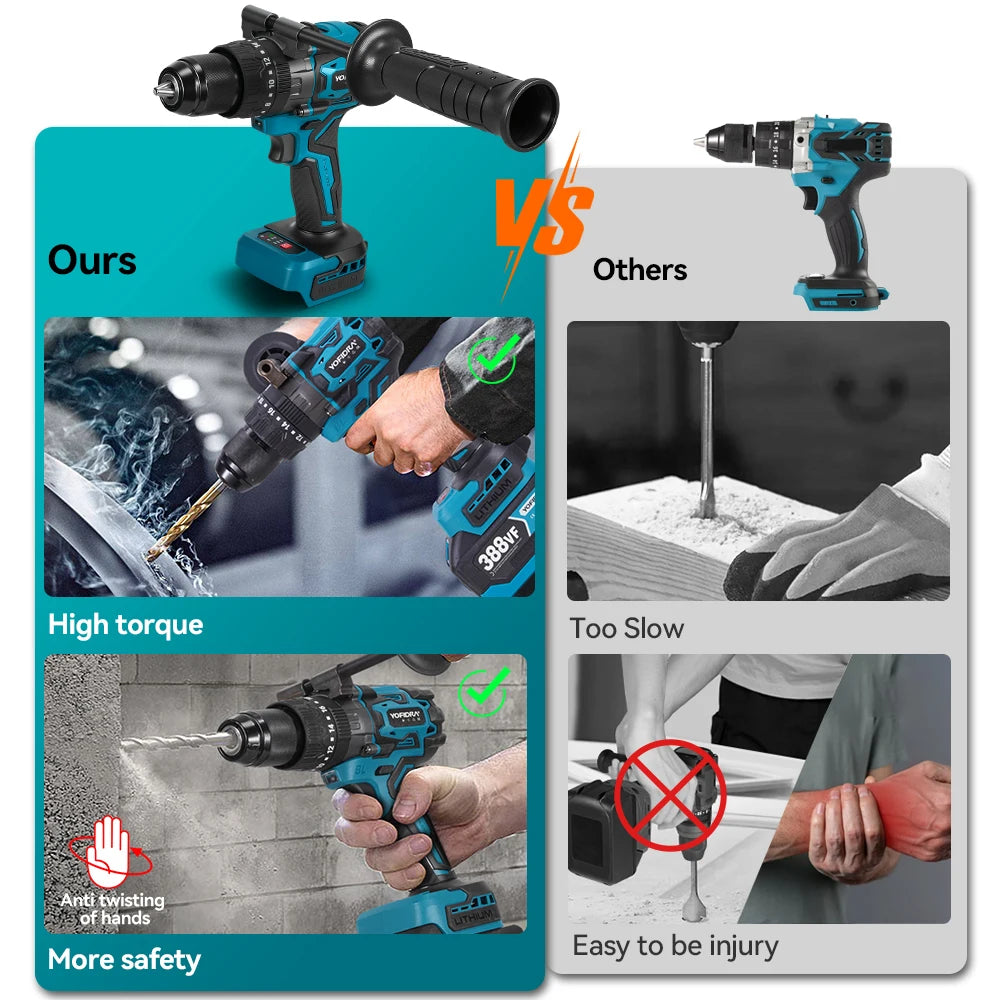 YOFIDRA 900N.m 20+3 Torque Brushless Electric Impact Drill 13MM Cordless Screwdriver Drilling Power Tool For Makita Battery Pin