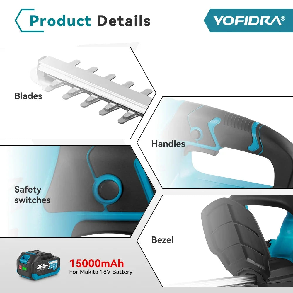 YOFIDRA 2000W Electric Hedge Trimmer Lawn Mower Cordless Household Garden  Shrub Weeding Pruning Tools For Makita Battery Pin