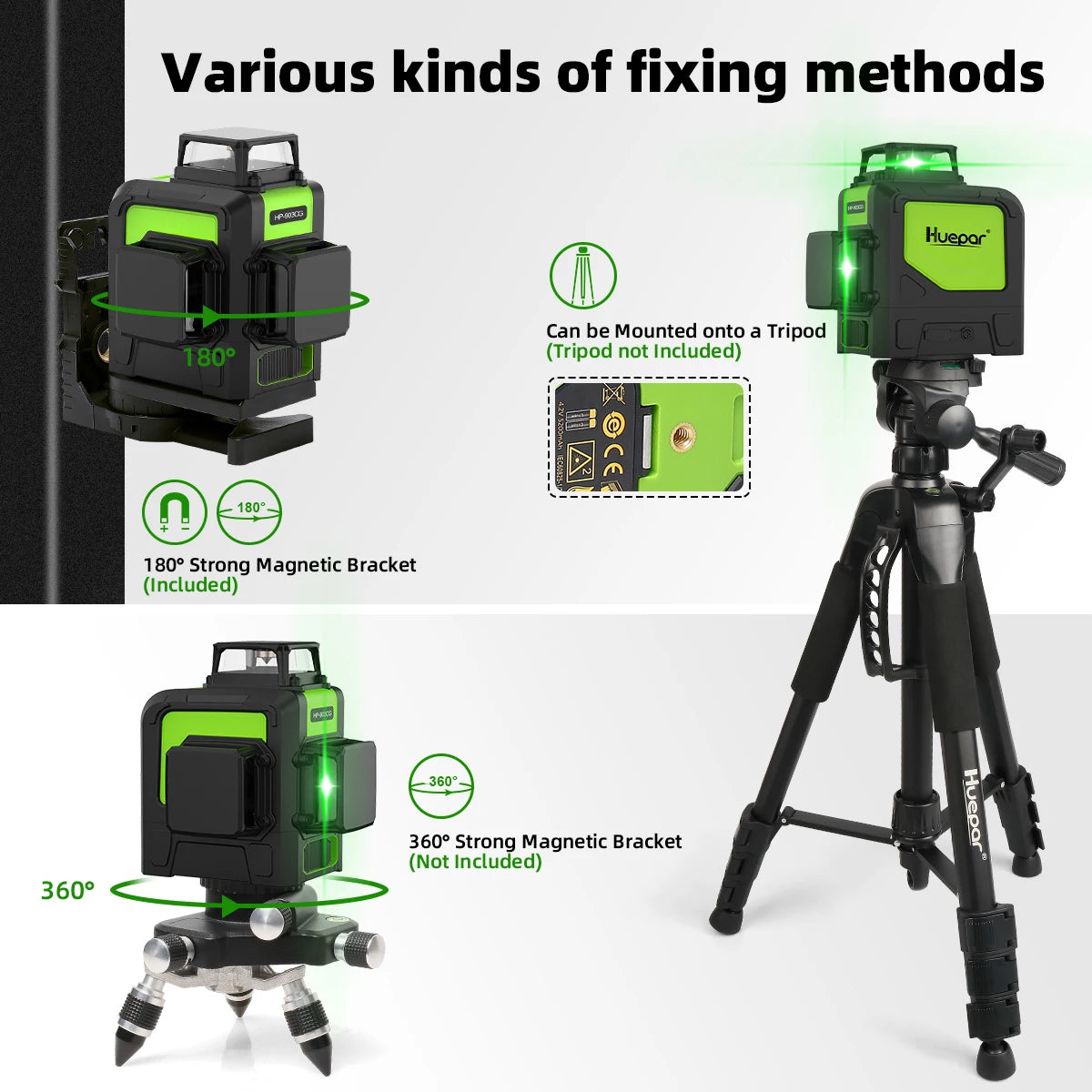 Huepar 903CG Set 12 3D Cross Lines Laser Level Osram Green Laser Beam Self-Leveling 360 Vertical Horizontal with Receiver Tripod