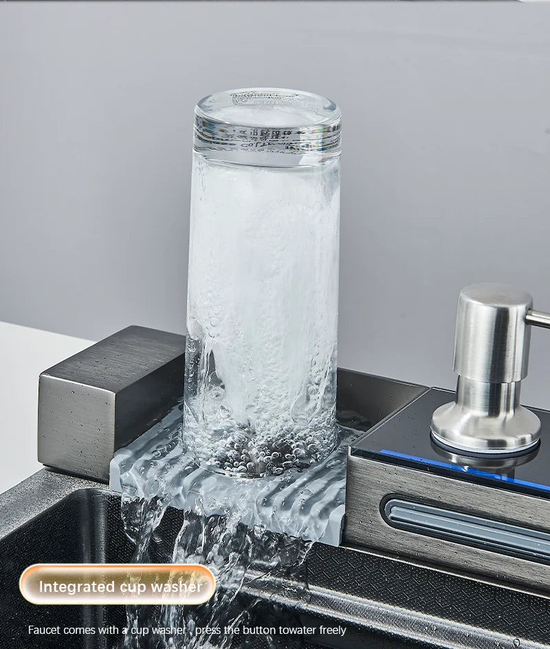 304 Stainless Steel Waterfall Kitchen Sink Large Single Slot Integrated Digital Display Faucet Set Soap Dispenser Cup Washer