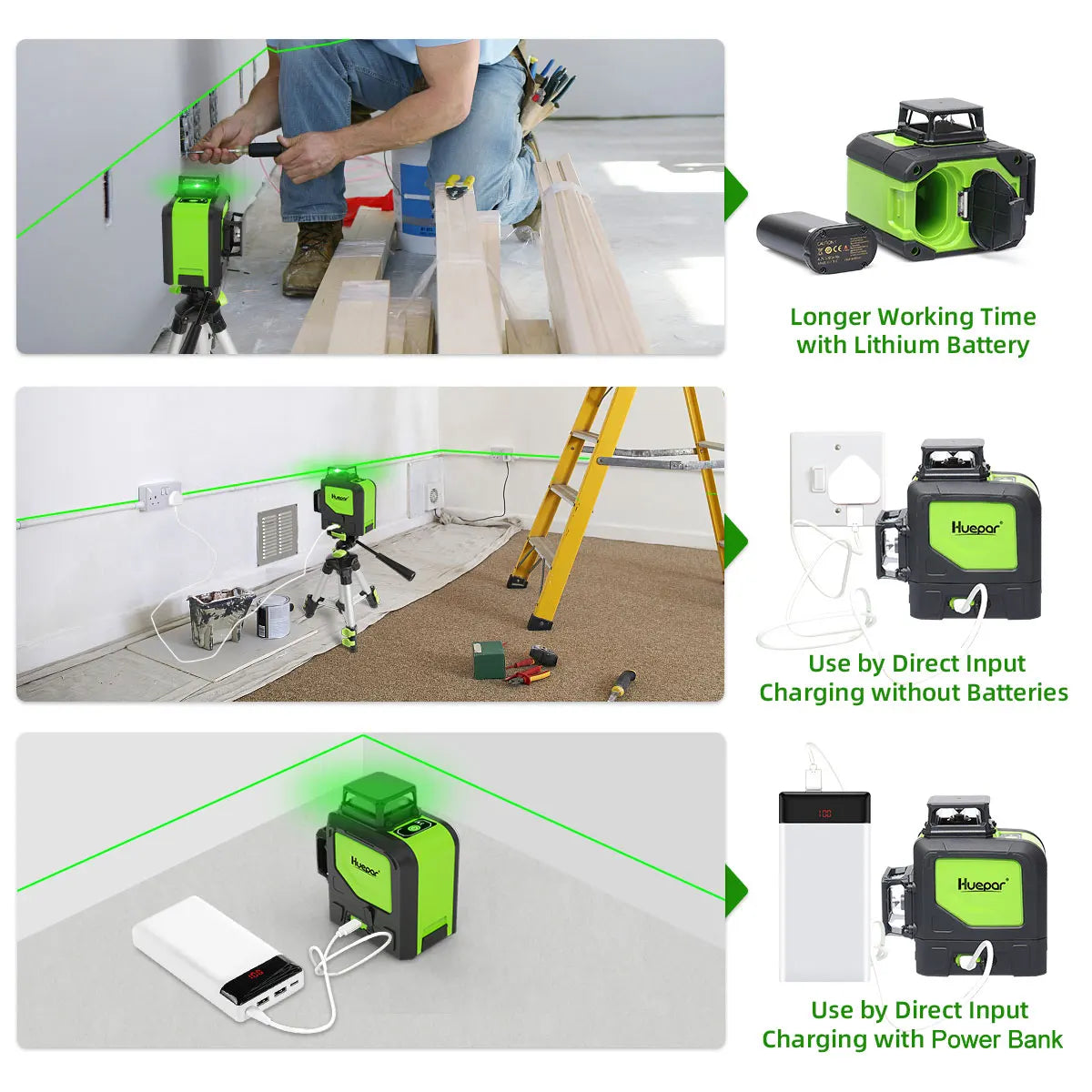 Huepar 903CG Set 12 3D Cross Lines Laser Level Osram Green Laser Beam Self-Leveling 360 Vertical Horizontal with Receiver Tripod