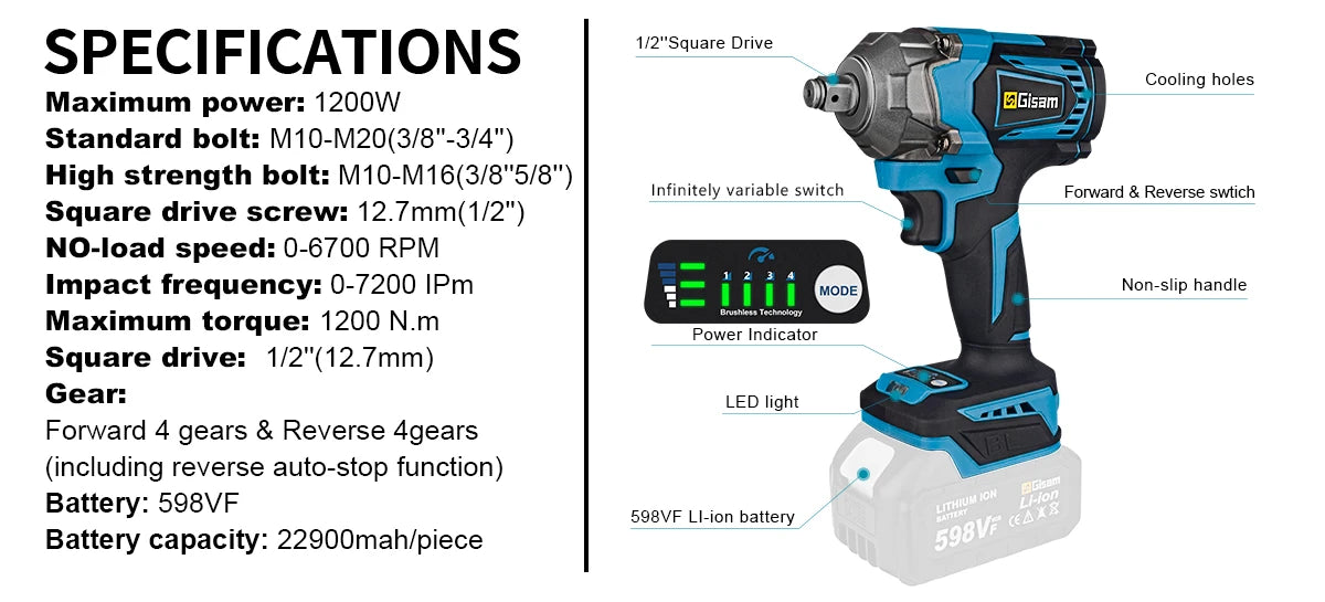 1200N.M Brushless Electric Impact Wrench 1/2 Inch Cordless Wrench Screwdriver Power Tools Without Battery For Makita 18V Battery