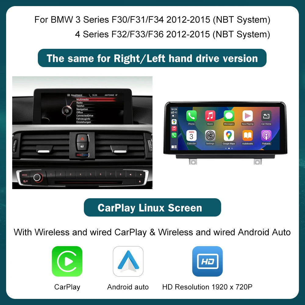 10.25'12.3' Wireless CarPlay Android Auto Multimedia Display Screen For BMW 1 2 3 4 Series F20 F21 F22 F30 F31 F32 F33