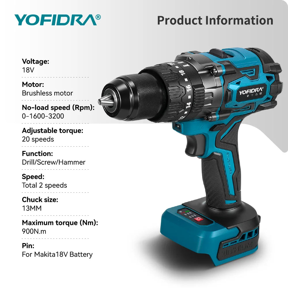 YOFIDRA 900N.m 20+3 Torque Brushless Electric Impact Drill 13MM Cordless Screwdriver Drilling Power Tool For Makita Battery Pin
