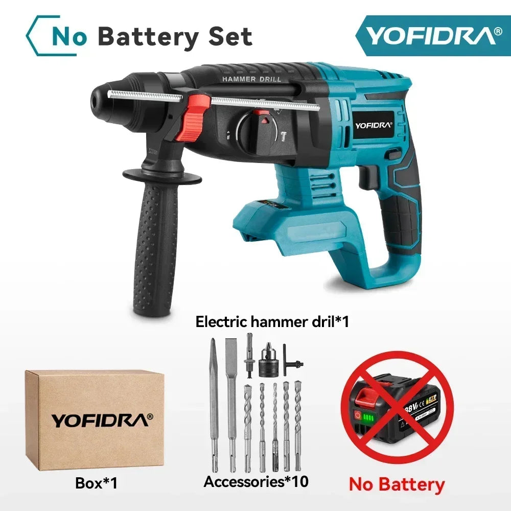 YOFIDRA 26MM Brushless Electric Hammer Drill Multifunctional Rotary Cordless Rechargeable Power Tools For Makita Battery Pin