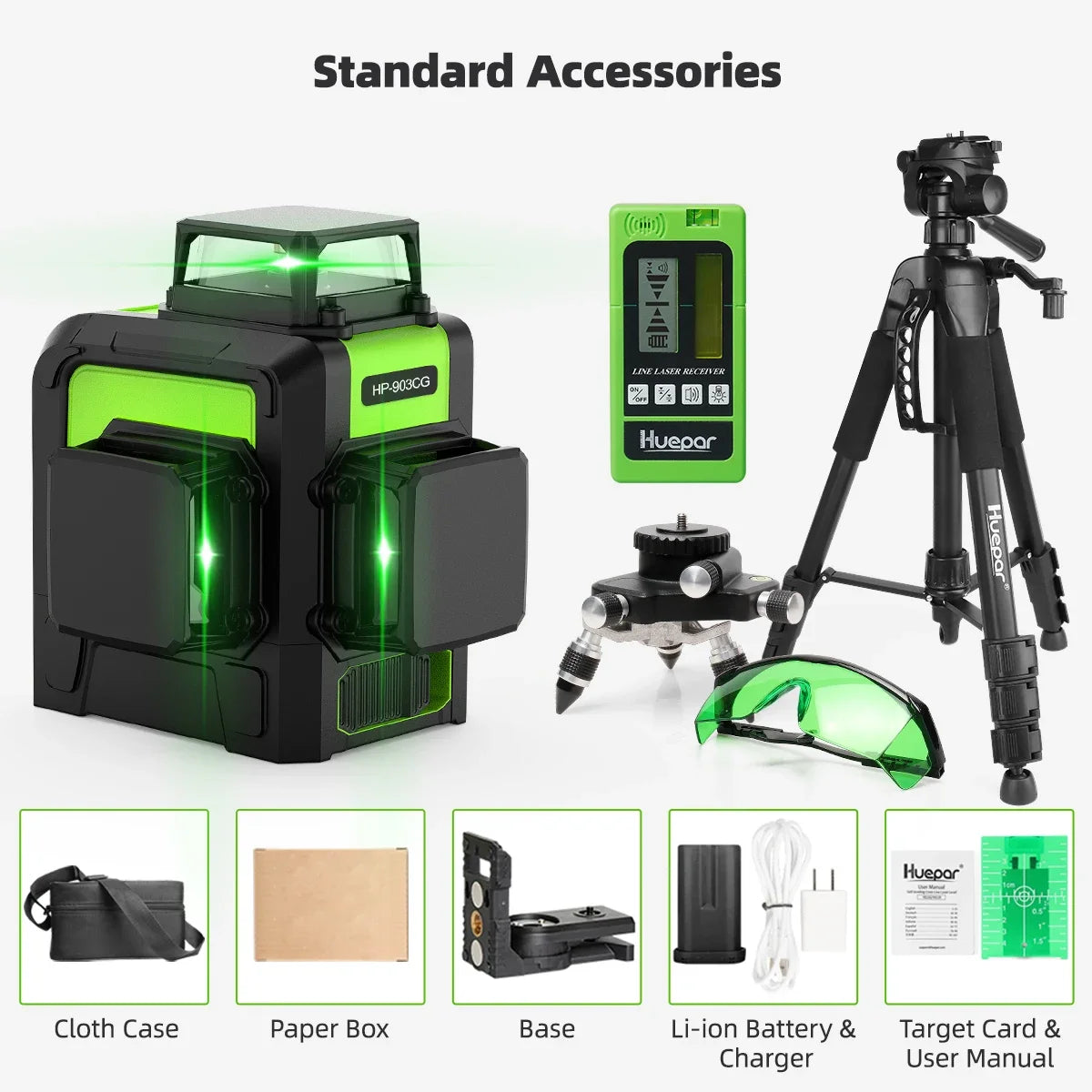 Huepar 903CG Set 12 3D Cross Lines Laser Level Osram Green Laser Beam Self-Leveling 360 Vertical Horizontal with Receiver Tripod