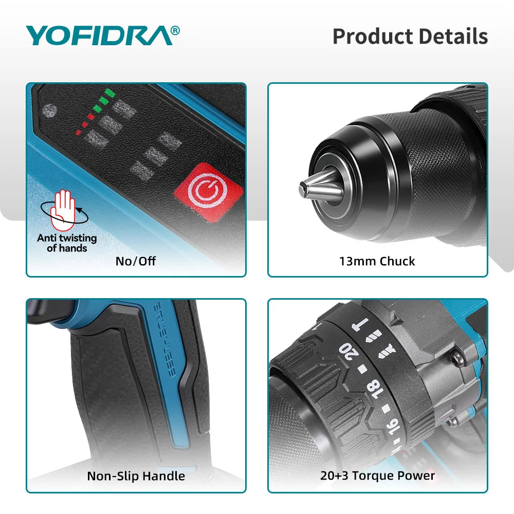 YOFIDRA 900N.m 20+3 Torque Brushless Electric Impact Drill 13MM Cordless Screwdriver Drilling Power Tool For Makita Battery Pin